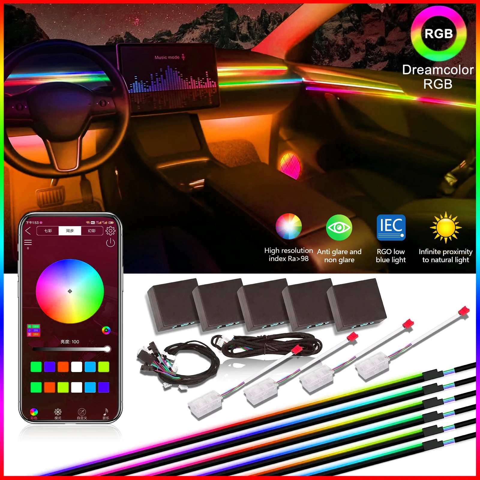 Full Spectru Neon Lighting Ambient Led  Light Acrylic Strip light Car Led Light Interior Atmosphere Lights Decoration Lamp APP