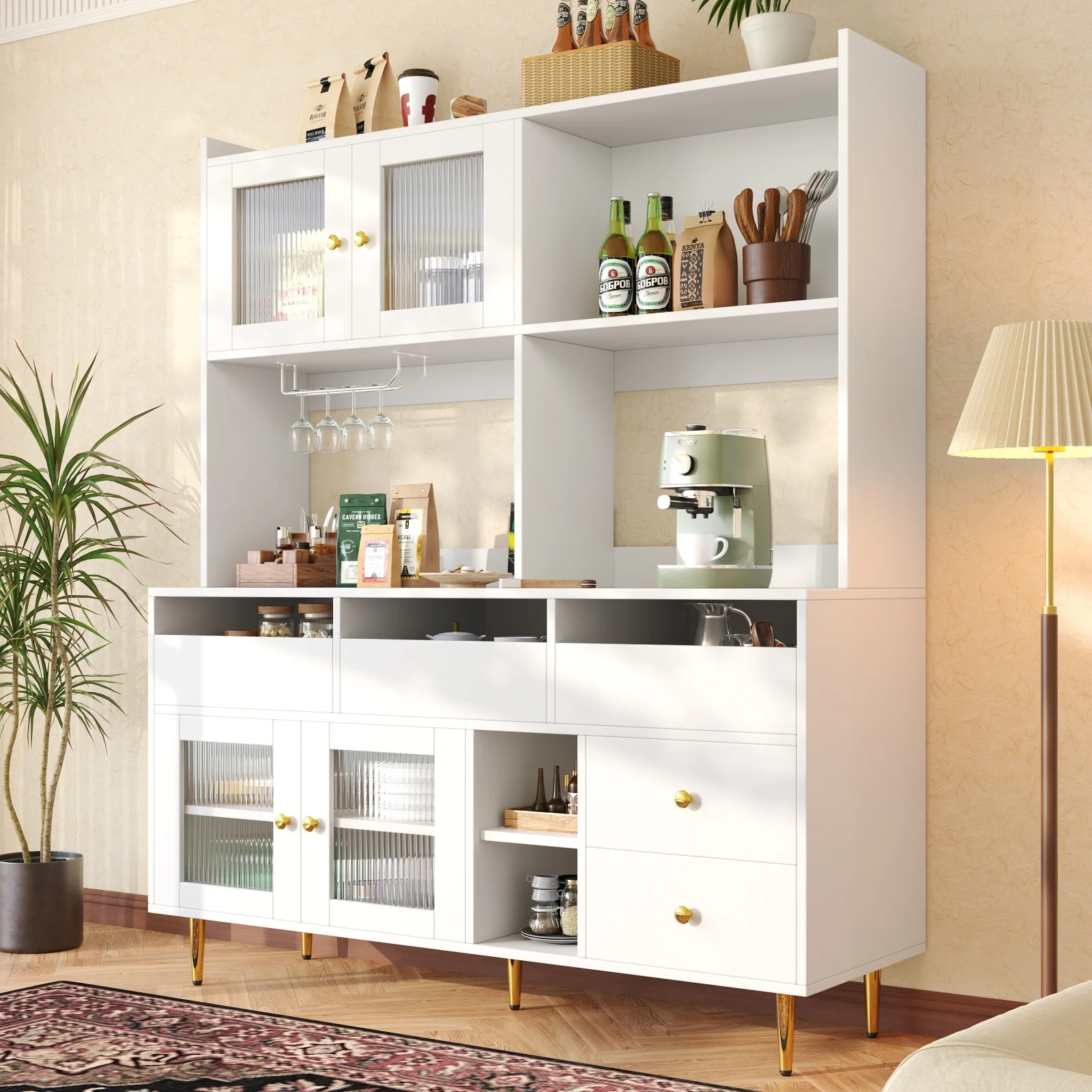 Anajqaqia - Aparador Alto para Comedor de 145x39x171 cm con Puertas de Vidrio, Estante para Copas de Vino, Espacio de Almacenamiento Multinivel