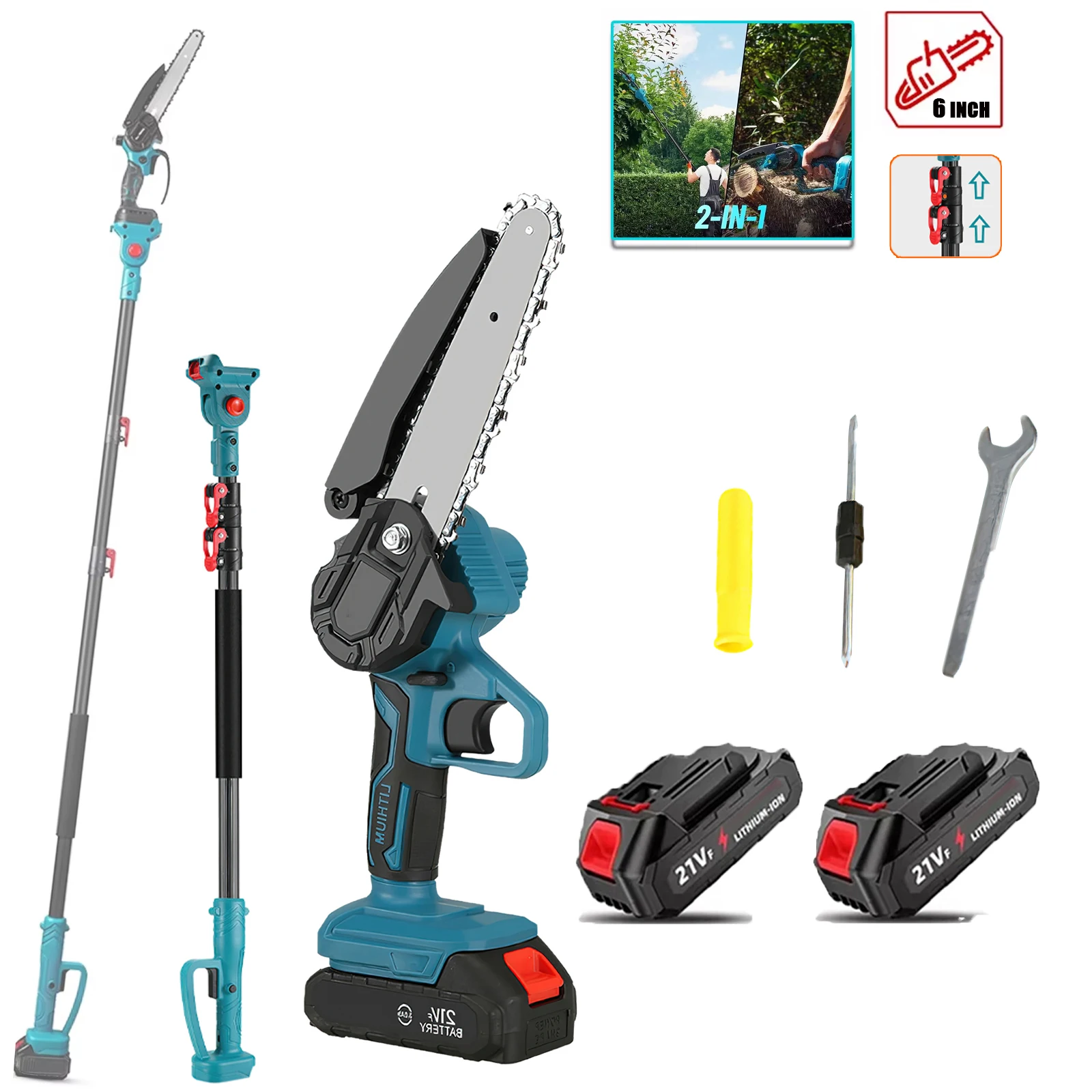 Motosierra eléctrica de 21V con pértiga telescópica 2 en 1, sierra para ramas altas, sierra de mano, herramienta eléctrica para podar árboles de jardín, compatible con batería Makita