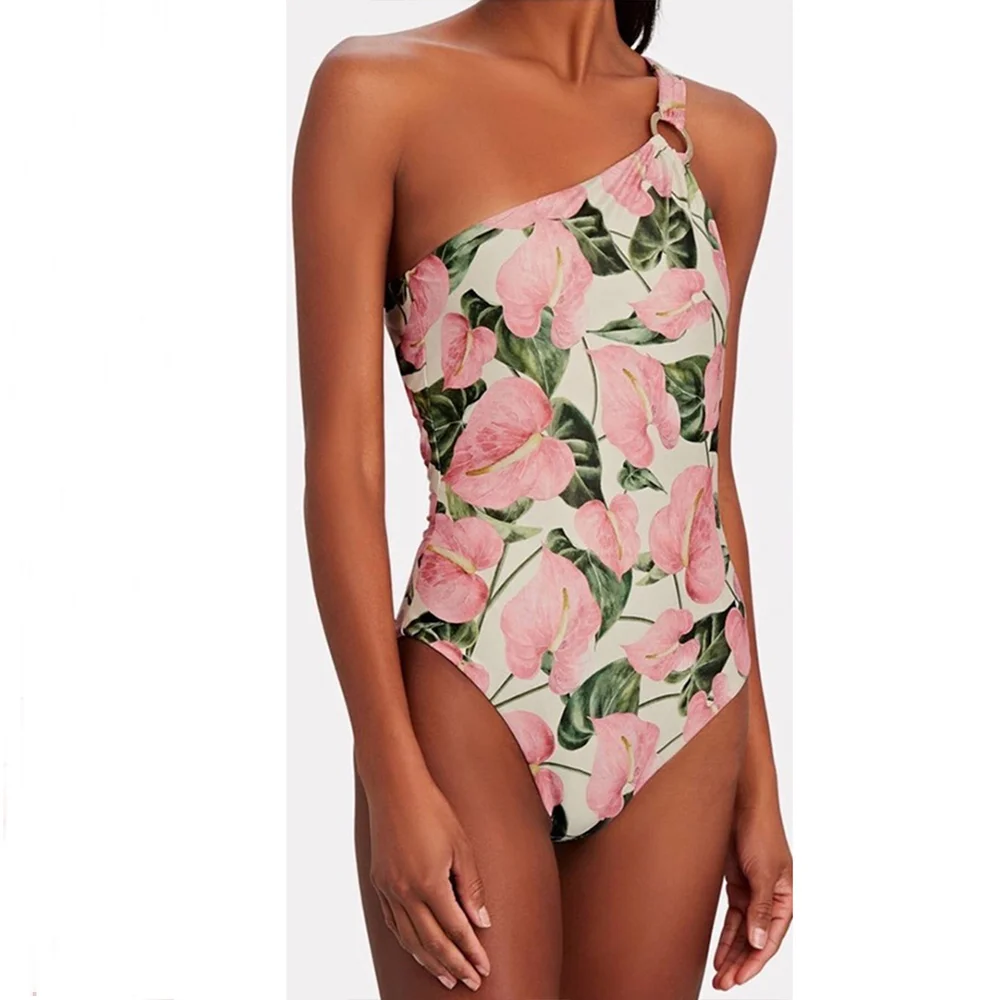 Women Fashion Colorblock Holiday Beach Dress Asymmetrical Swimwear Printed Petal Trim One Piece Swimsuits and Cover-Ups