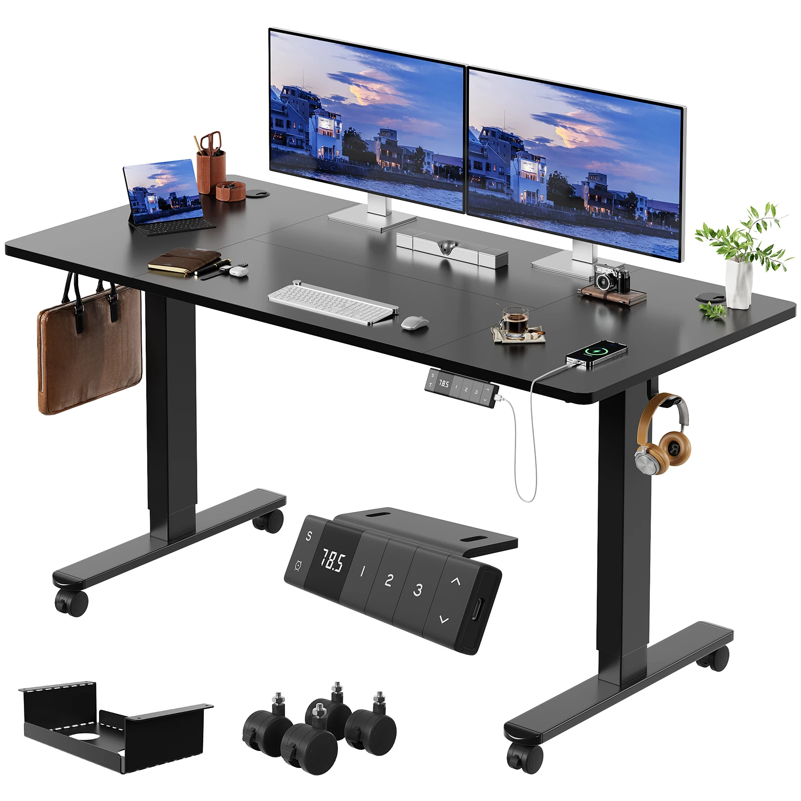 Devoko Elektrisch bureau in hoogte verstelbaar 140x80 met Roller Type-C Memory Control Anti-Collision