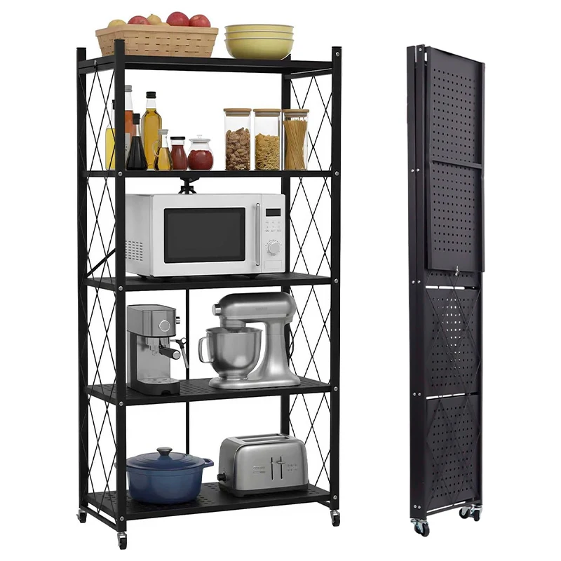 Collapsible 3/4/5-Tier Storage Rack on Wheels with Pegboard, Foldable Metal Mobile Shelving Unit, No Assembly Rolling Organizer Shelf, Multipurpose Display Cart for Books, Plants, Kitchen Supplies, Home & Garage Storage