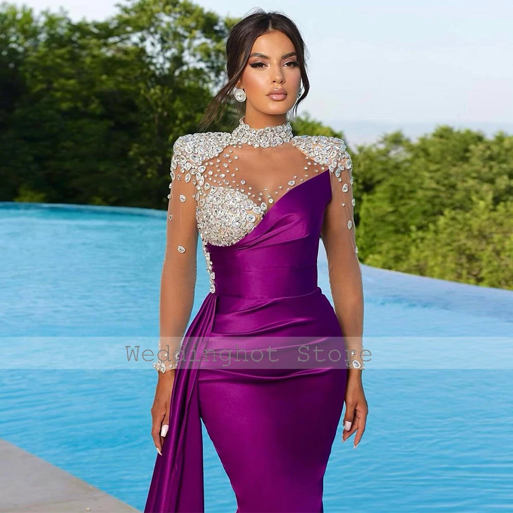 Sexy Evening Dress Purple Satin Rhinestone Evening Trumpet High Collar Long Dresses Long Beaded Evening Gowns