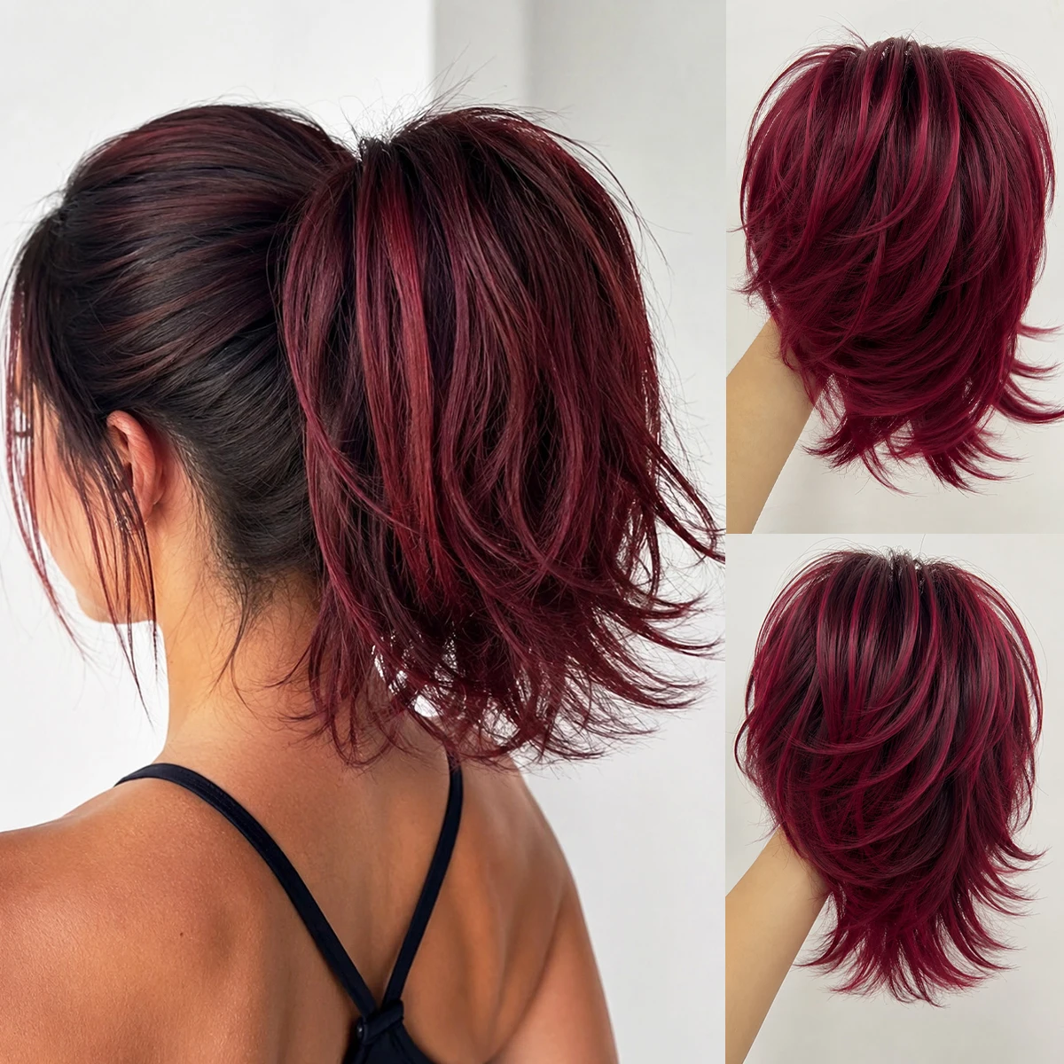 10 Inch Burgundy Claw Clip Ponytail Extension for Women Short Layered Wavy Curly Synthetic Hairpiece Fluffy Natural