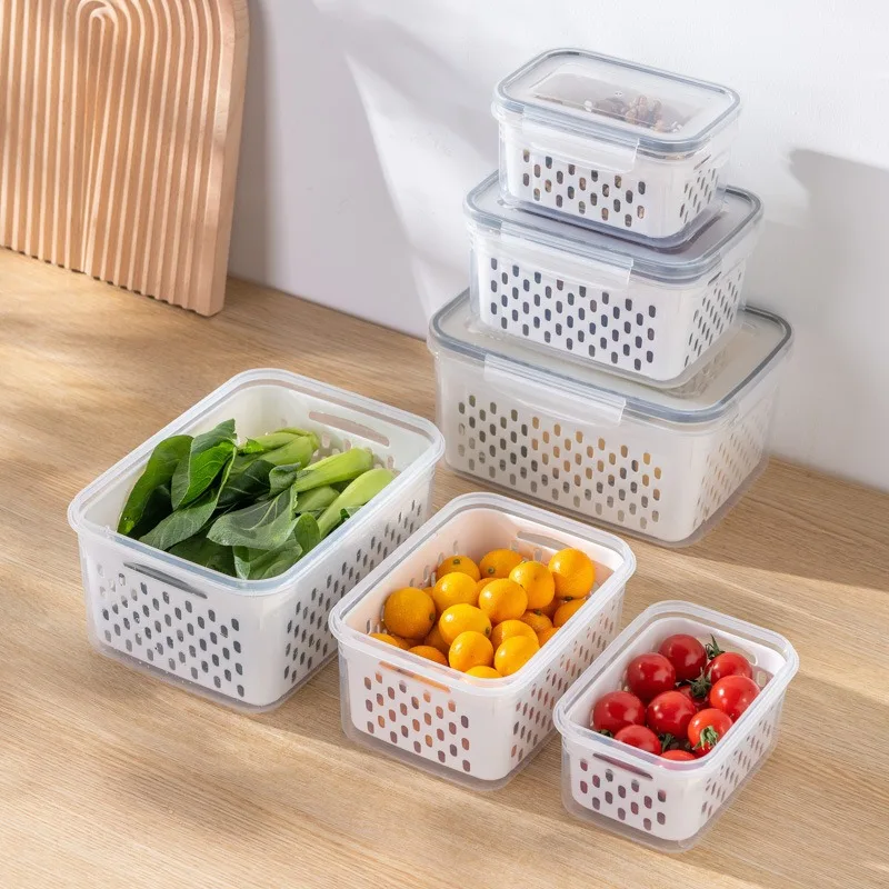 Refrigerator Preservation Box Transparent Double-layer Large Capacity Sealed Box Vegetable and Fruit Food Grade Drain Box