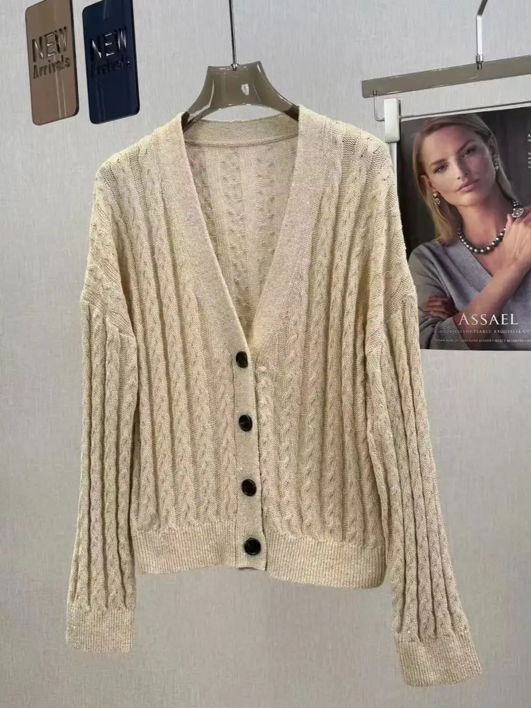 

Элегантный женский блестящий вязаный кардиган из смеси хлопка и льна с пайетками
