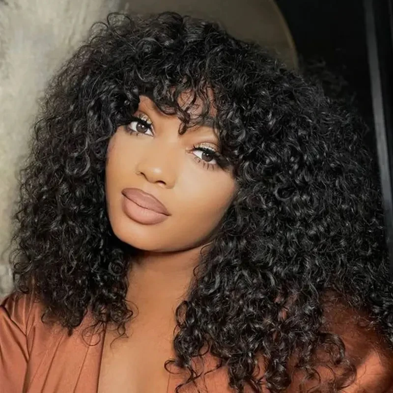 Curly Short Bob Cut Human Hair Wigs With Bangs Bob Wig Kinky Curly Wigs Human Hair Bob With Bang For Women Full Machine Made Wig