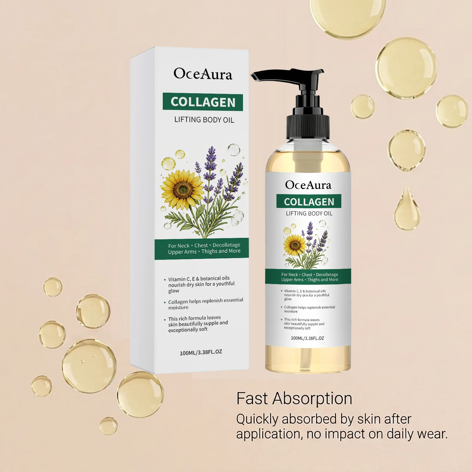 OceAura Collagen Lifting Body Oil - Fast Absorbing Moisturizing Body Oil with Vitamin C, E, Hydrolyzed Collagen & Botanicals - Lightweight Non-Greasy, Non-Staining to Clothes - for Neck, Chest, Arms, Thighs - 100ml