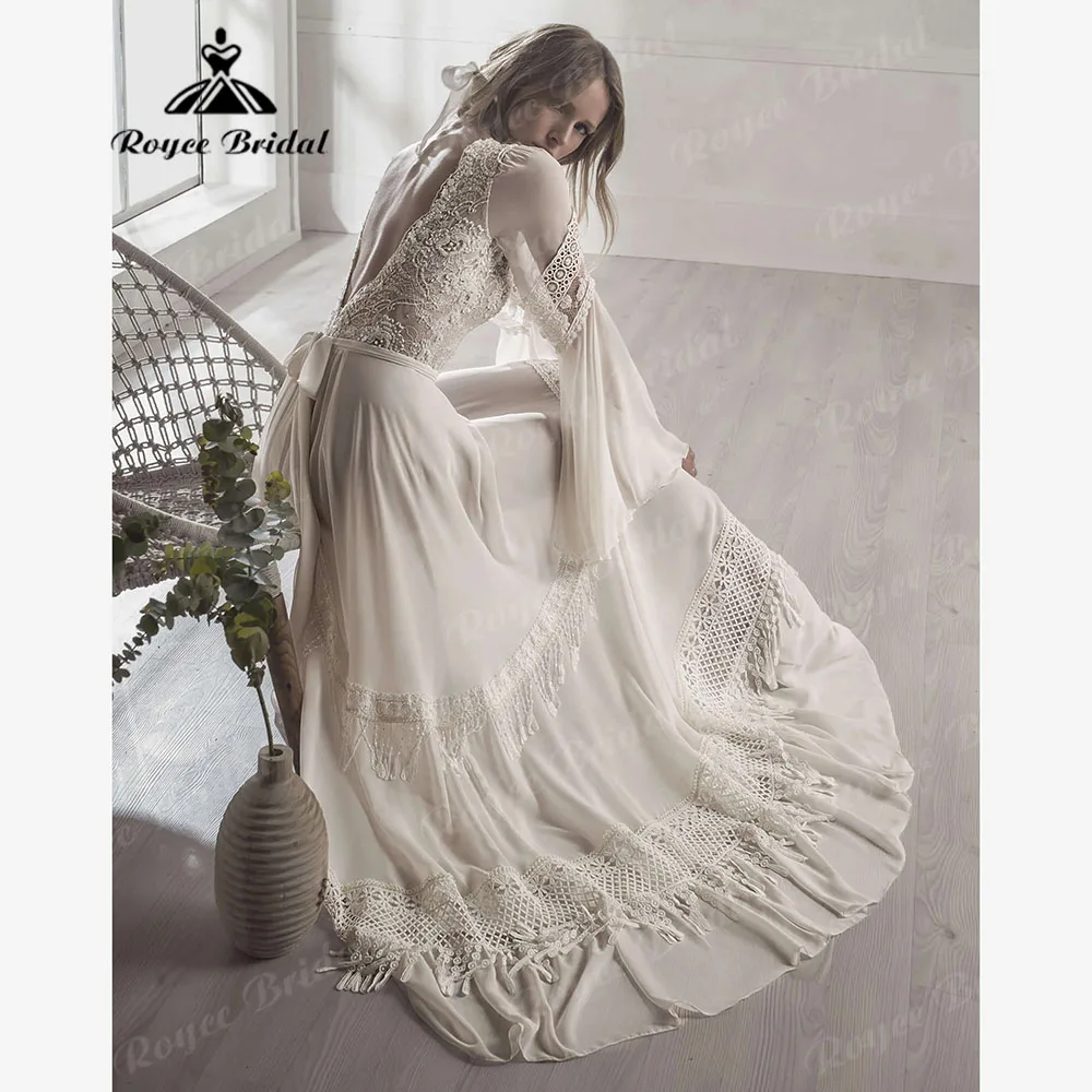 Sexy Tassel Long Sleeve Chiffon Lace Boho Bohemian Women Wedding Dress with V Neck 2025 Bridal Gown Customized Vestido Noiva