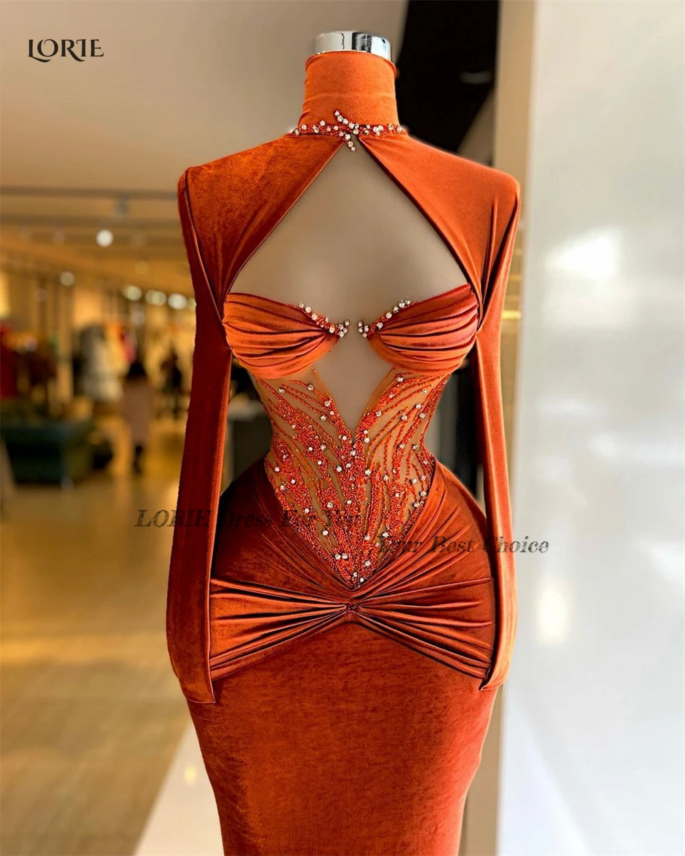 LORIE Pageant Mermaid Evening Dresses High Neck Long Cap Sleeve Beadings Prom Dress Suadi Arabia Celebrity Party Gown Customized