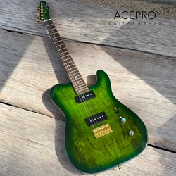 ACEPRO Electric Guitar, Green Burst Spalted Maple Top, Locking Tuners, Gold Hardware, P90 Pickups, Abalone Dots Inlays