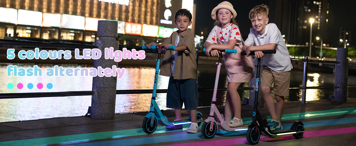 RCB R11 Kids Electric Scooter for Age 6-12, 150W Motor, 3 Speed Modes up to 9.9 mph & 5 Miles Range, 7"/6" Solid Tyres, LED Lights & Display, Bluetooth Speaker, Foldable 6.65kg, CE Certified
