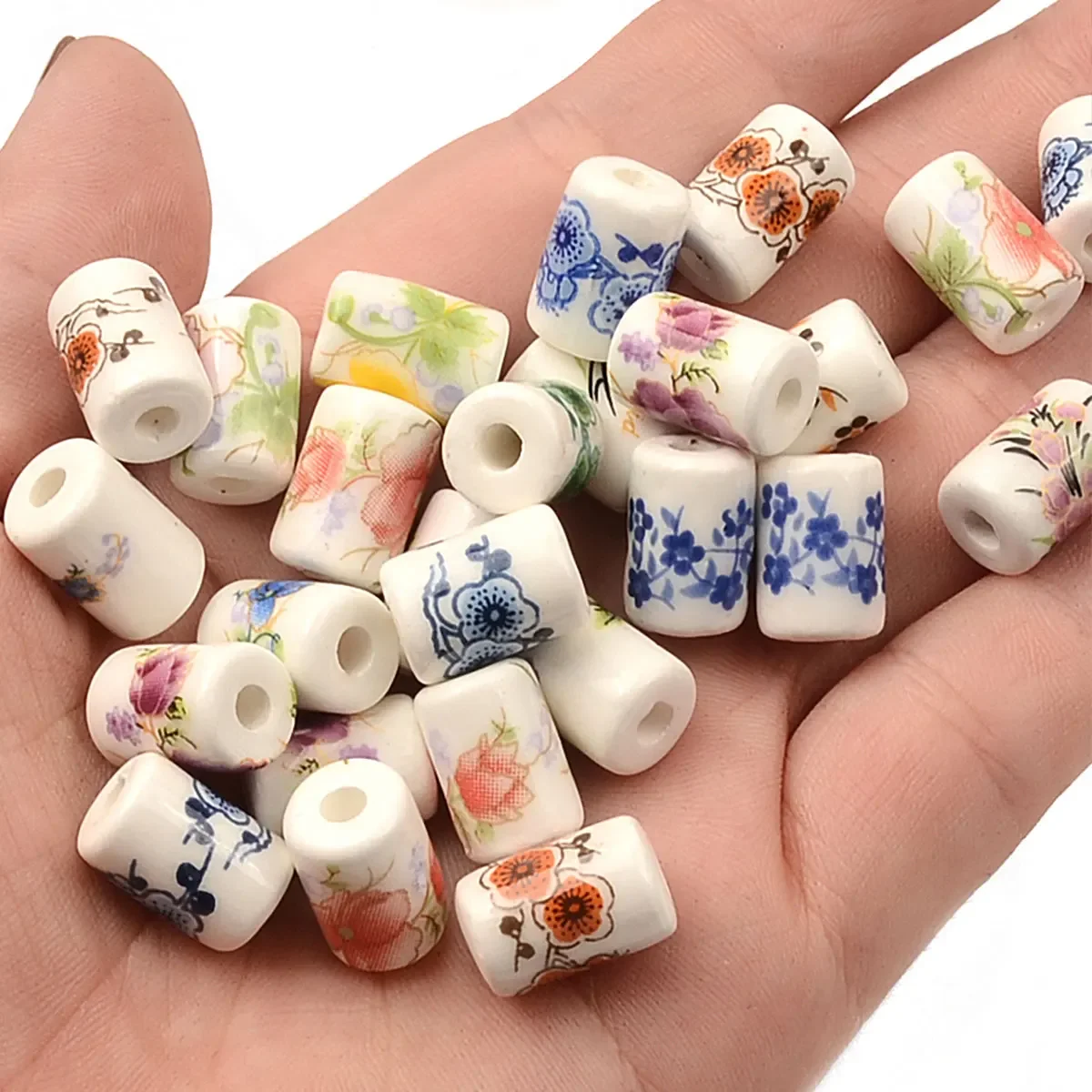 0.8x1.2cm 20 sztuk losowy kolor Mix drukowanie kwiatowy wzór koraliki porcelanowe Cylinder ceramiczny wisiorek DIY tworzenia biżuterii — zdjęcie 2