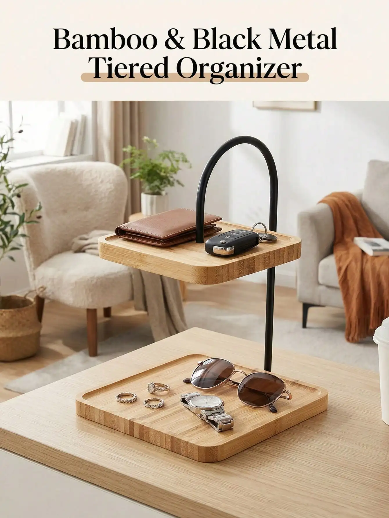Plateau de rangement en bambou à double couche avec structure en fer noir, idéal pour organiser les cosmétiques de salle de bain, les étagères de comptoir de cuisine et les présentoirs de décoration intérieure.