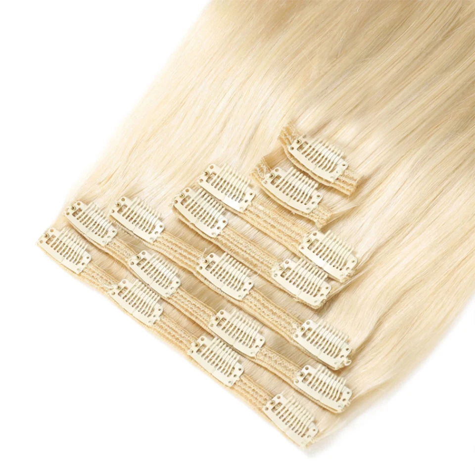 Audelami 613 Bleach Blonde Straight Clip in Hair Extensions 120g/7Pcs Straight Remy Hair Extensions Full Head Thick Double Weft