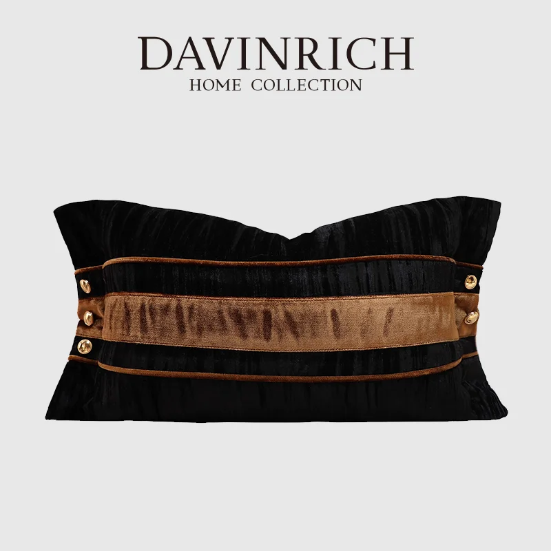 DAVINRICH Latest Authentic Luxury Boudoir Decorative Cushion Cover Black Rust Patchwork Handmade Lumbar Pillow Case 30x50cm