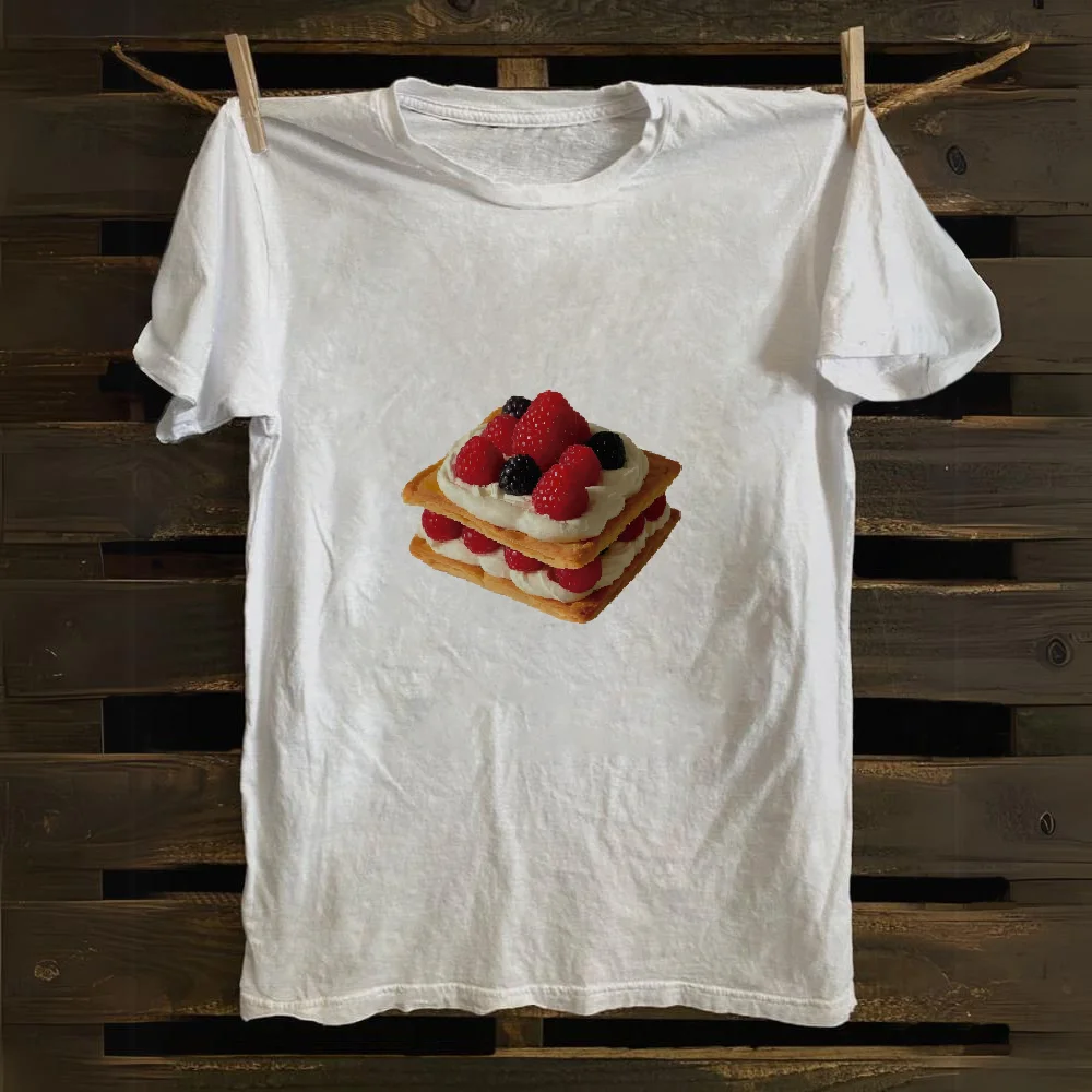 Sweet Strawberry Cake Print T-Shirt Kawaii Dessert Graphic Tee Soft Cotton Unisex Top Cute Bakery Lovers Outfit Relaxed Fit
