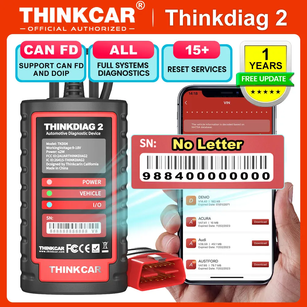 THINKCAR Thinkdiag 2 OBD2 Scanner Support CAN FD Protocols Fit For GM Car Brands Free Full Softwares 16 Reset Functions ECU Code