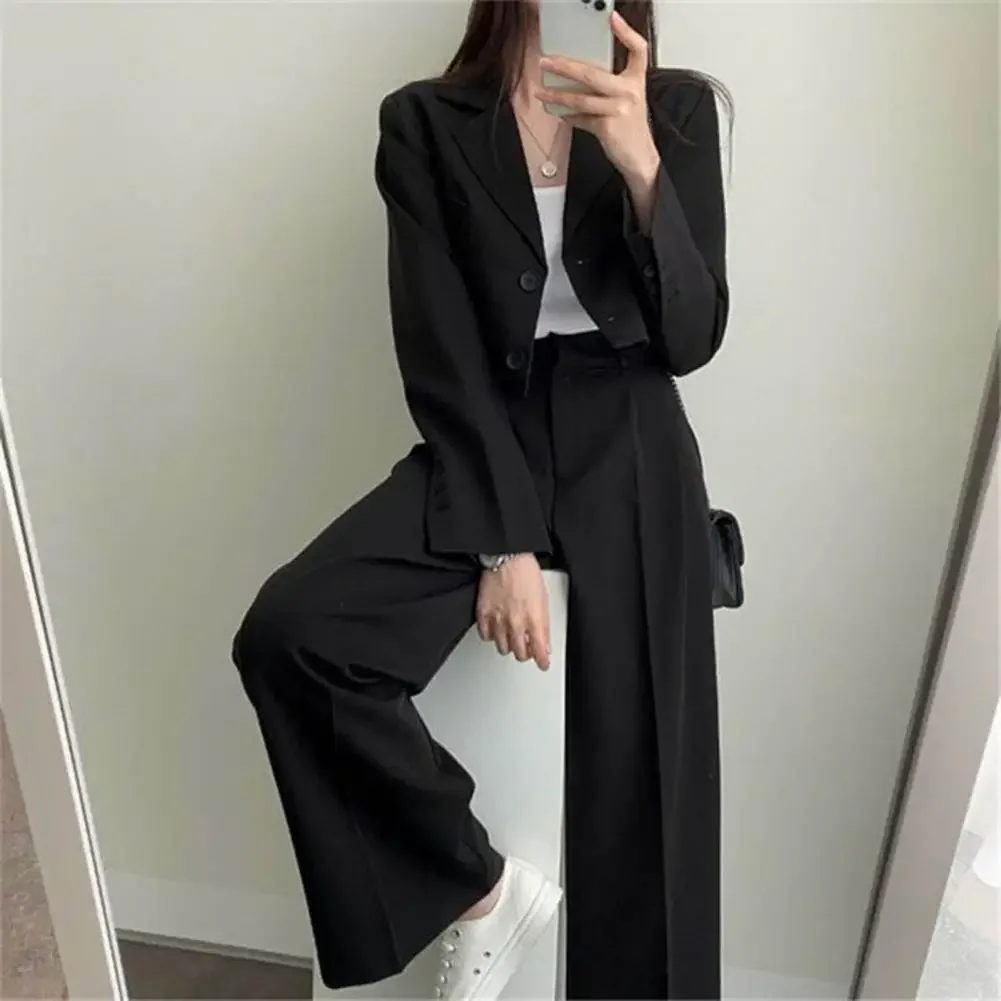 Damskie przycięte blezery Spodnie Dwuczęściowy zestaw Koreańska moda Zapinana na guziki marynarka Zestaw spodni z szerokimi nogawkami Casualowy zestaw damskich płaszczy — zdjęcie 2