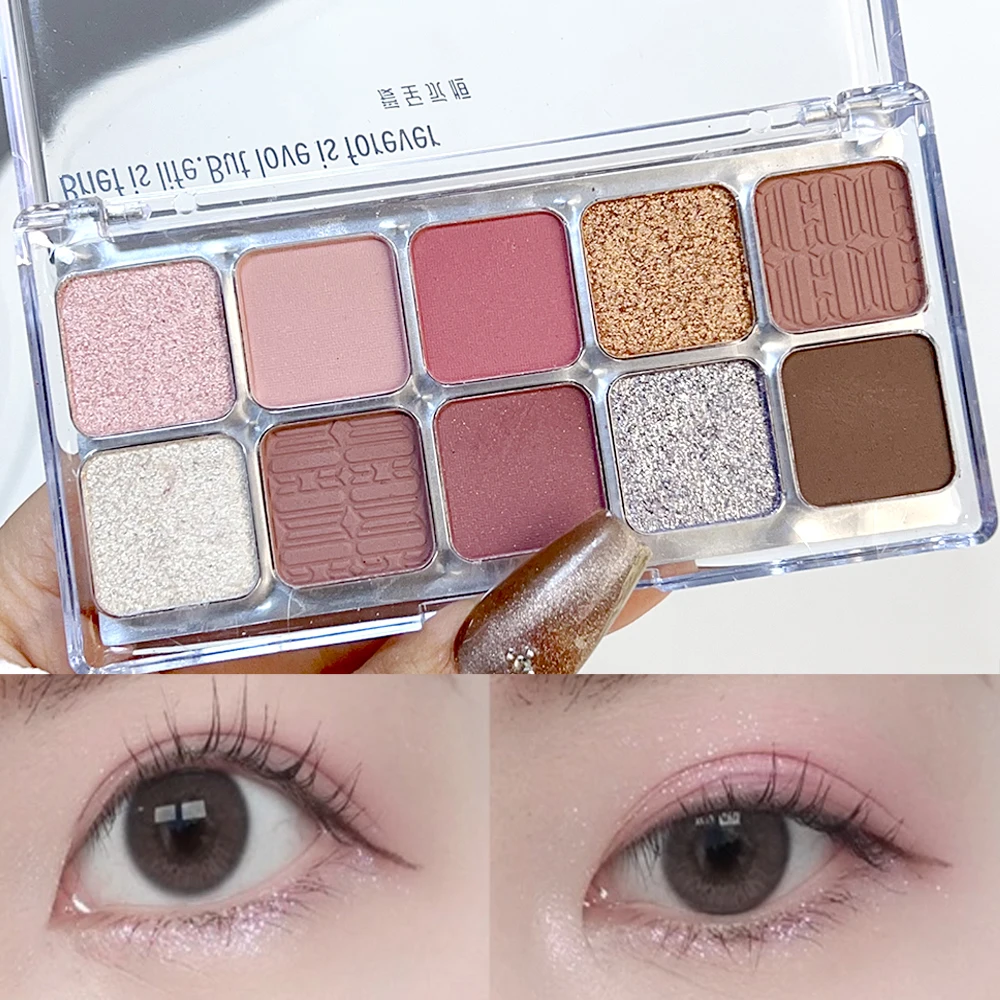 Paleta de sombras de ojos nacaradas, 10 colores, mate, purpurina, rosa, marrón, leche, té, tono Natural, paleta de sombras de ojos con pincel