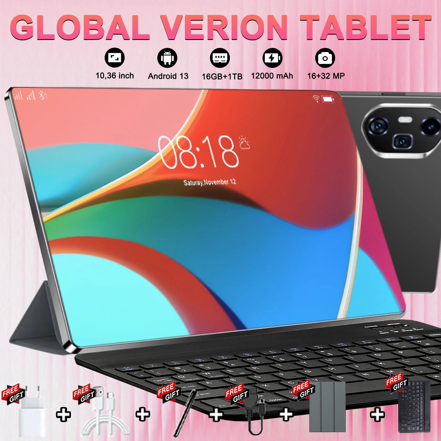 Tablet 5G Versión Global 16MP+32MP, 16GB+1TB, 10.36 Pulgadas, Android 13, 20000mAh, WPS+5G WiFi, Bluetooth, Doble SIM, Llamadas Telefónicas