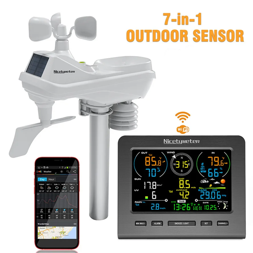 7in1 WIFI Weather Station indoordoor Temperature Humidity Speed Speed Direction Rain UV Wireless Color Console Forecast