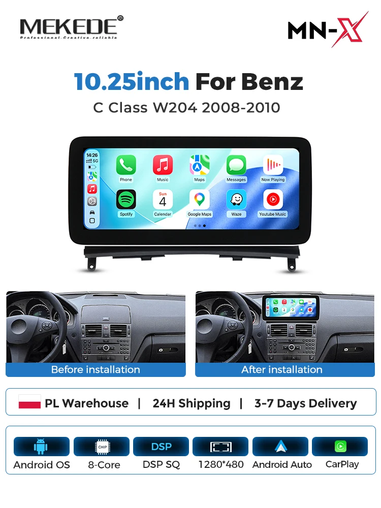 MEKEDE 10,25 Zoll 8-Kern Auto-Multimedia-Radio Android 15 Auto Wireless CarPlay für Mercedes-Benz C-Klasse W204 S204 2008-2010 Europa-Karte Navigation GPS geteilter Bildschirm OBD2 WIFI 4G LTE Stereo