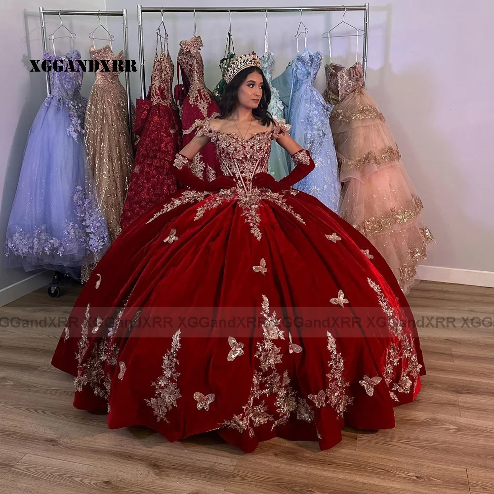 Vestido de terciopelo de princesa para quinceañera, falda larga hinchada, vestido de baile, fiesta de graduación, sin hombros, dulce, 15, 16 años, niña, MISS cumpleaños, 2023