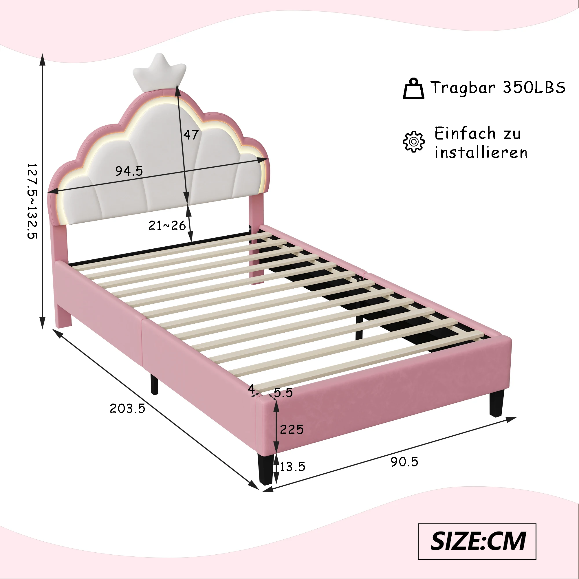 Comanlai 90/140x200cm eenpersoonsbed, LED kinderbedframe, kroonbed, prinsessenbed, tweepersoonsbed, tienermeisjesbed in fluweel
