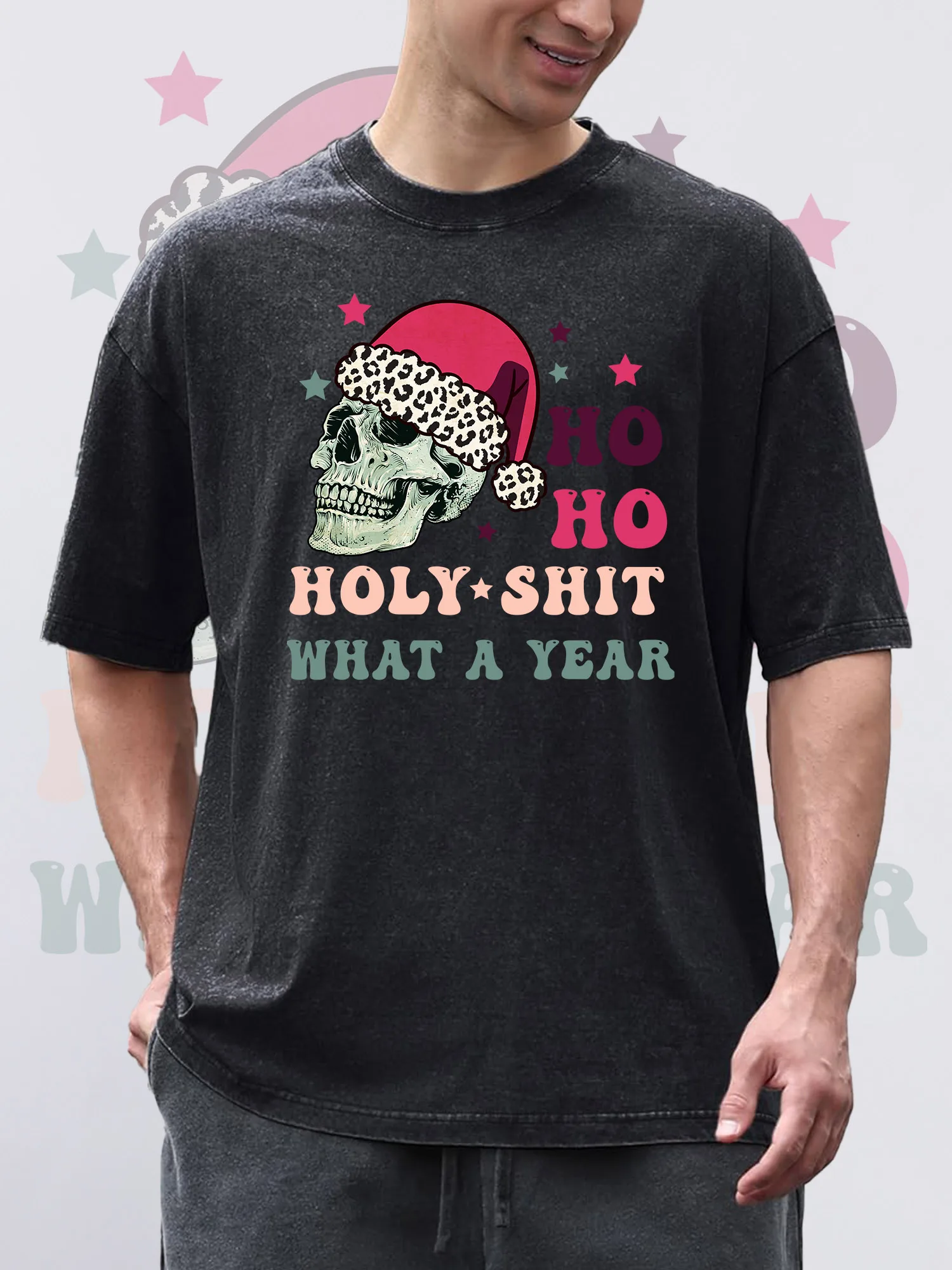 

Men's T-Shirts HOLY SHIT Printed Black Short-Sleeved Round Neck 100% Pure Cotton Acid Wash Suitable For Christmas