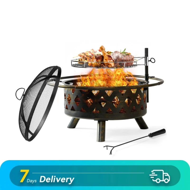 32'' 2-in-1 Heating & BBQ Fire Pit Barbecue Grill with Spark Screen Fire Poker Black[US-W]