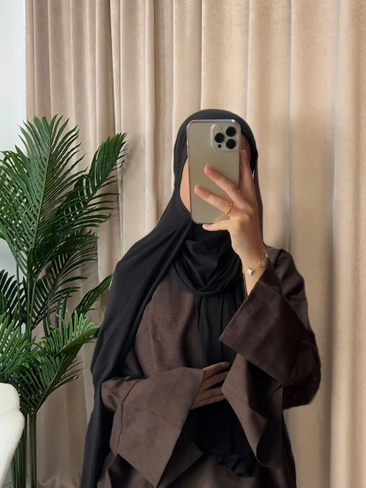 Abaya fermée en lin pour femme, manches fendues, robe caftan adt avec hijab, Eid Ramadan, 2024