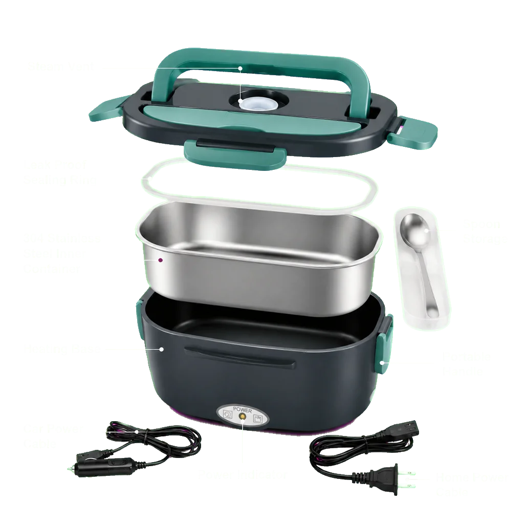 Portable Electric Lunch Box 304 Stainless Steel Food Warmer, 12V/24V Car & 110V Home Heated Lunch Container with Insulated Bag, Office Travel Bento Box