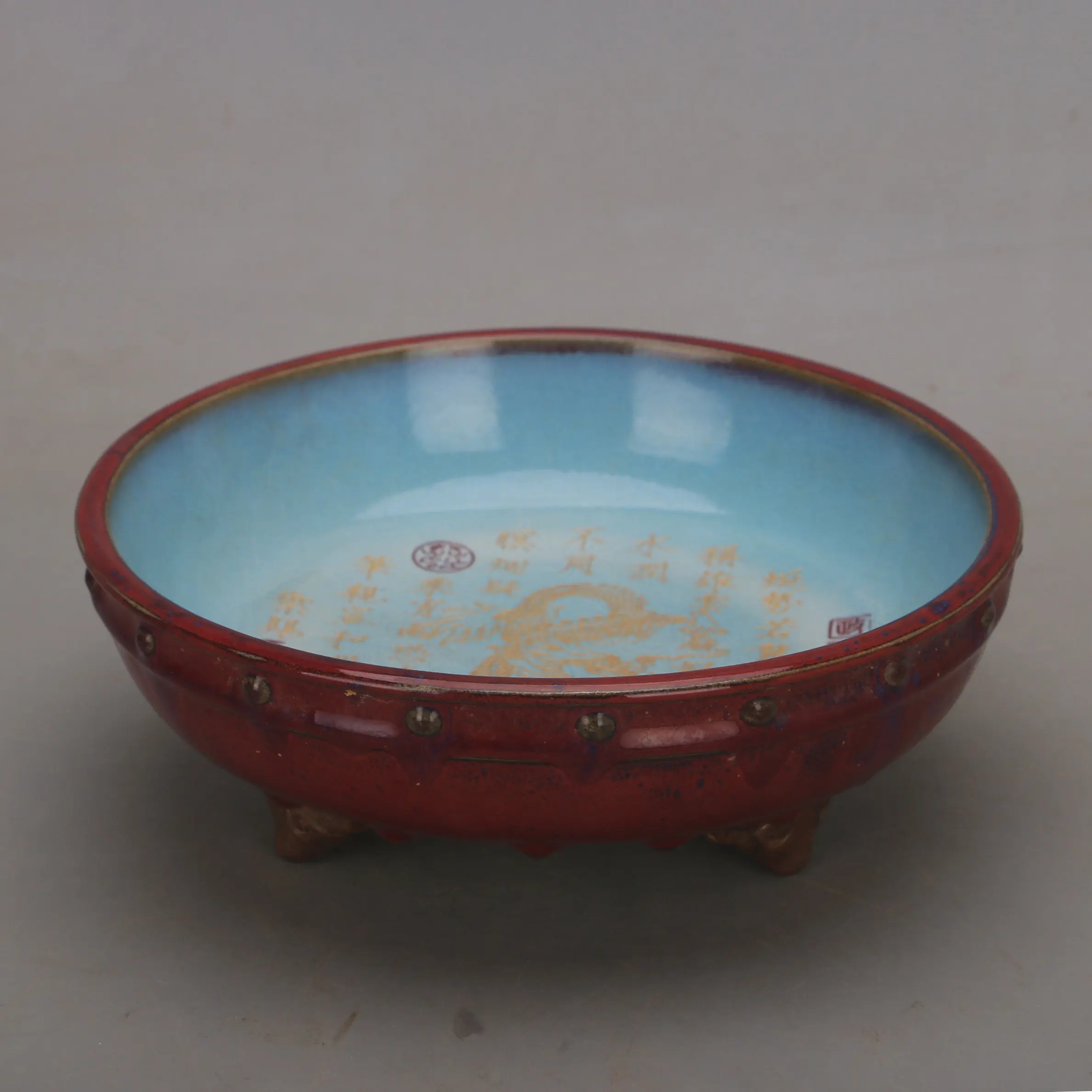 Drum Nail Brush Washer Song Dynasty Jun Kiln Style Red Glaze Gold Painted Carved Handmade Porcelain Home Decor Collectible