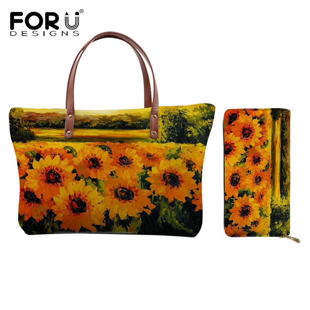 

FORUDESIGNS Women Travel Handbag Set Classical Sunflowers Prints Fashion Durable Non-fade Shoulder Bag and Wallet for Teen Girls