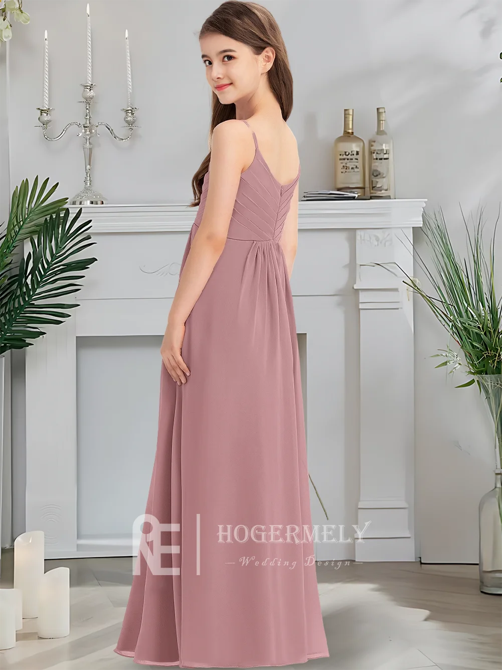Elegante abito da damigella d'onore junior in chiffon con scollo a V a trapezio, abito da ragazza di fiori con fard, lunghezza al pavimento, abito da sposa da comunione, fascia in vita