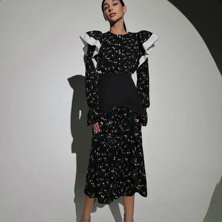 

SKMY 2024 Women Clothing New French Long Sleeve Dress With Detachable Waistband Fashion Floral Long Dresses Evening Party Wear