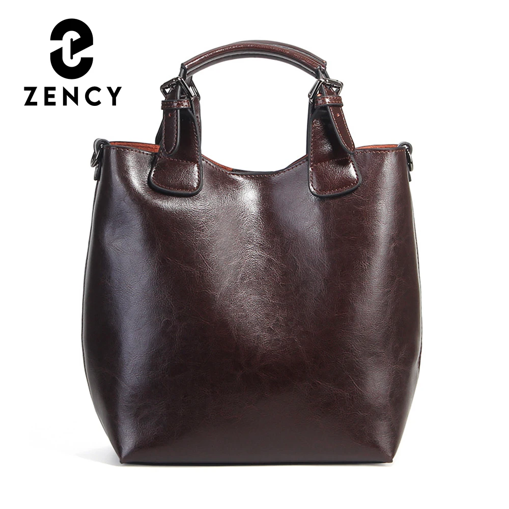 Zency 100% Genuine Leather Handbag Retro Coffee Women Casual Tote Bucket Bag Classic Black Lady Crossbody Messenger Purse Brown