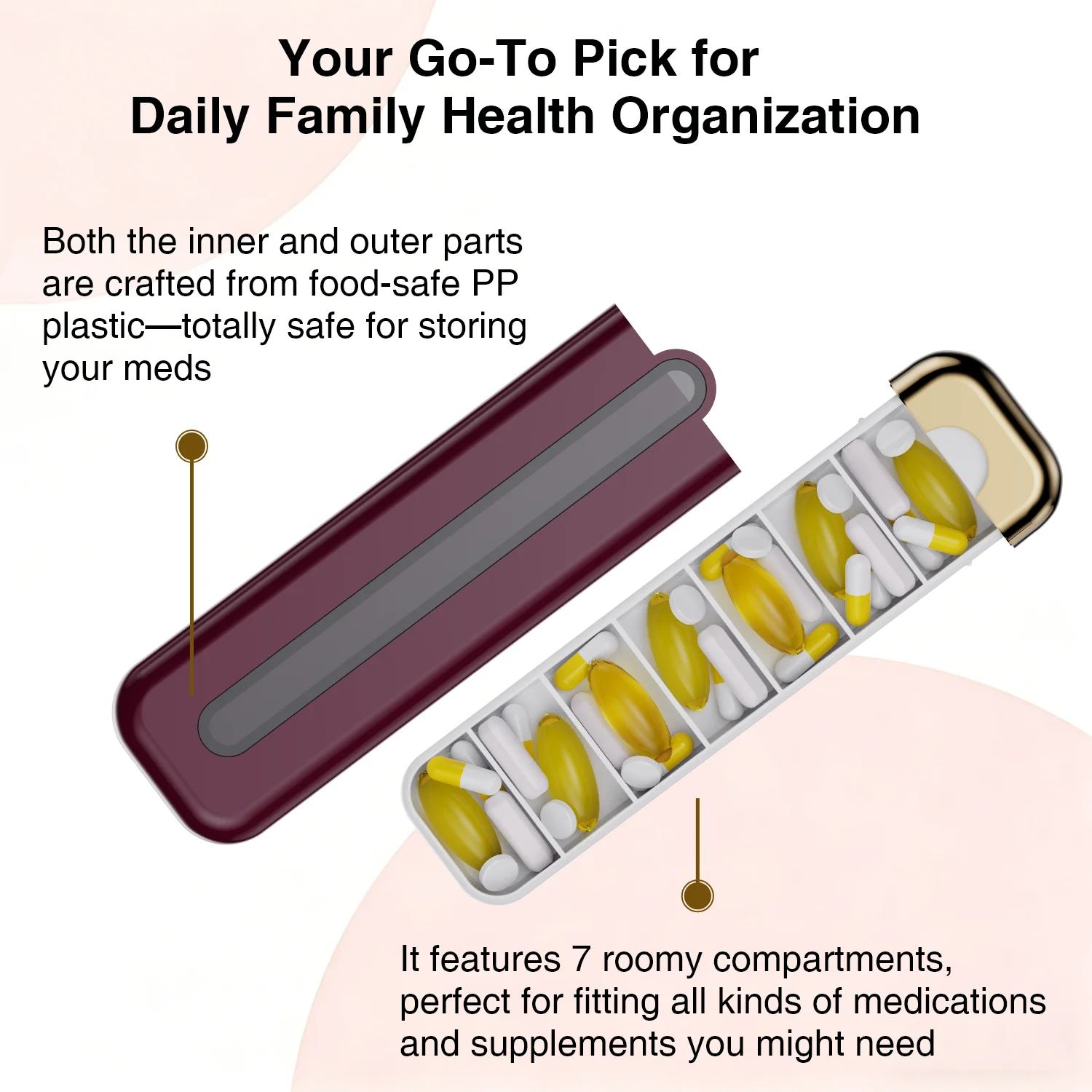 7 Days Weekly Pill Organizer Box, Portable Travel Pill , Moisture-Proof Sliding Medicine Dispenser, BPA-Free Food Grade Pill Con