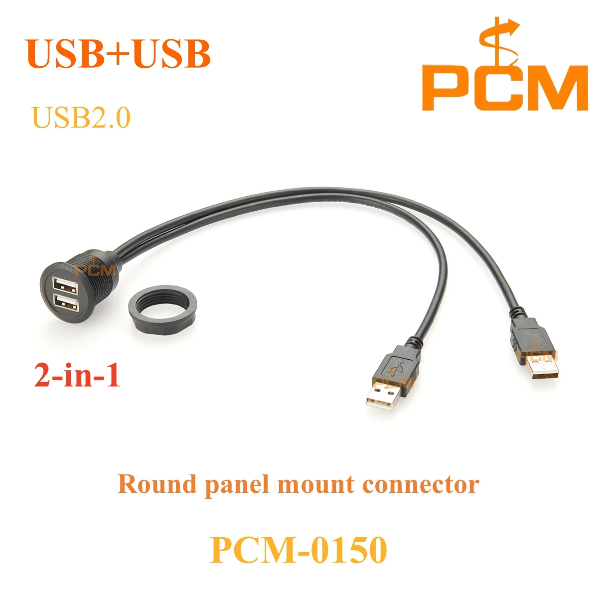 Dash Panel Mount USB 2.0 Dual Port Extension Cable, USB-A Stackable Female Port, USB Dual Port Round Panel Mount Cable