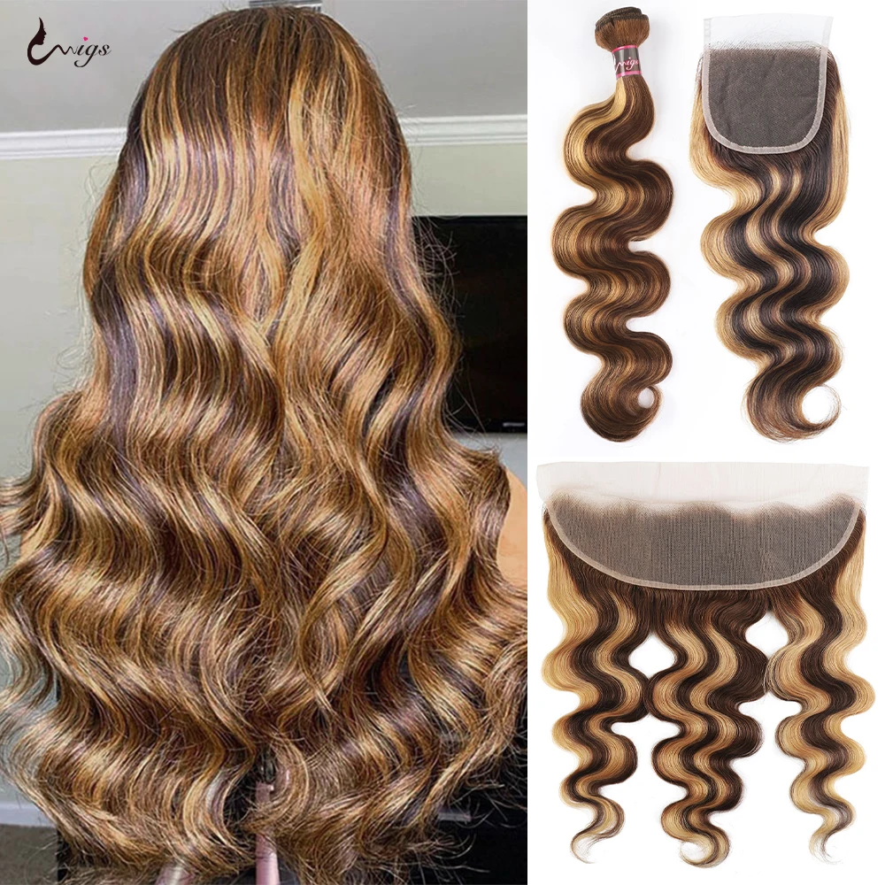 4/27 Highlight Human Hair Body Wave Bundles With 4x4 Closure Honey Blonde Brown Human Hair Bundles With 13x4 Frontal Body Wave