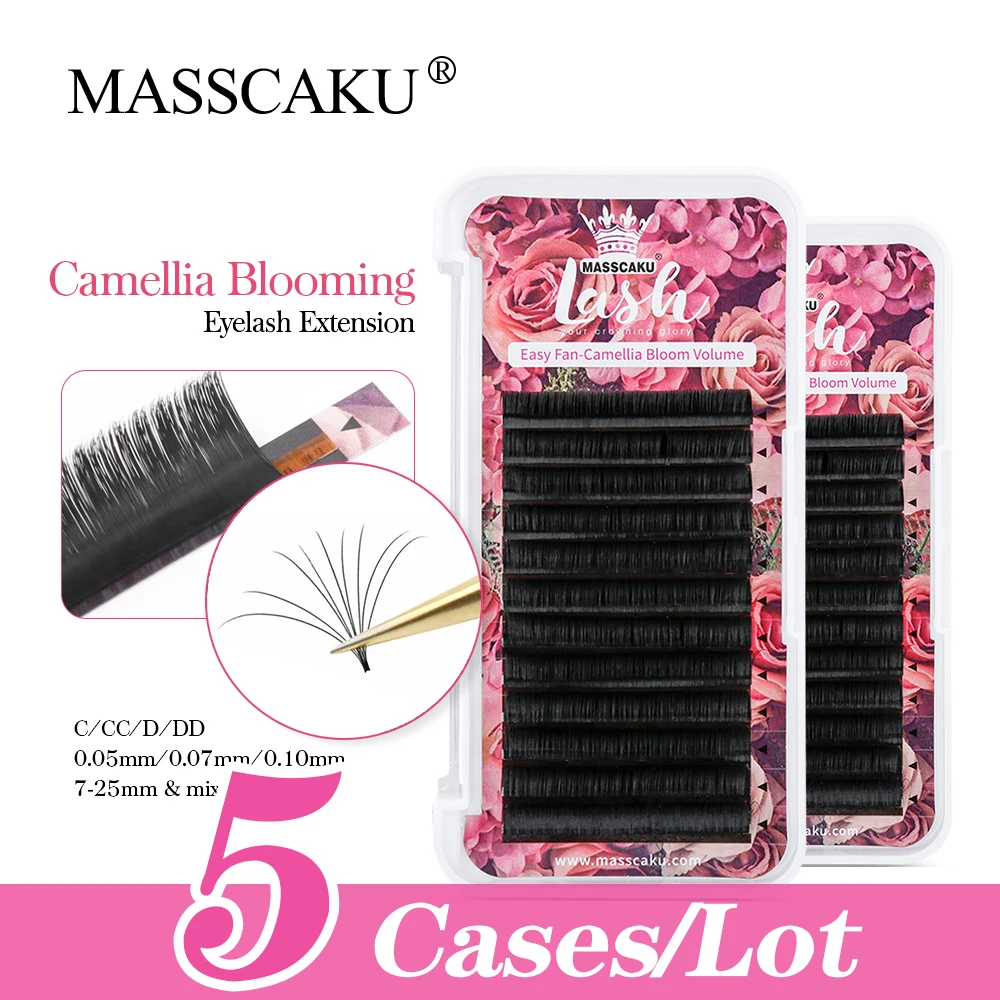 

5case/lot MASSCAKU Camellia Blooming Mega Volume Eyelash Extensions Rapid Flowering Soft Silk Private Label Autofans Lash Tray