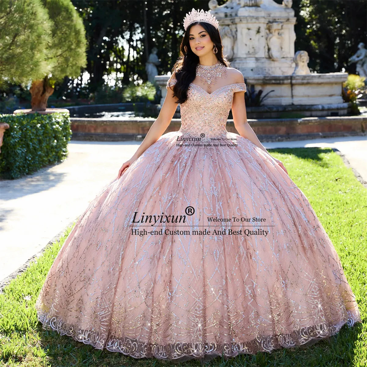 Vestido de baile de quinceañera con purpurina rosa, vestido de lentejuelas de lujo, 15 años, con cordones, hombros descubiertos, fiesta de cumpleaños, dulce 16