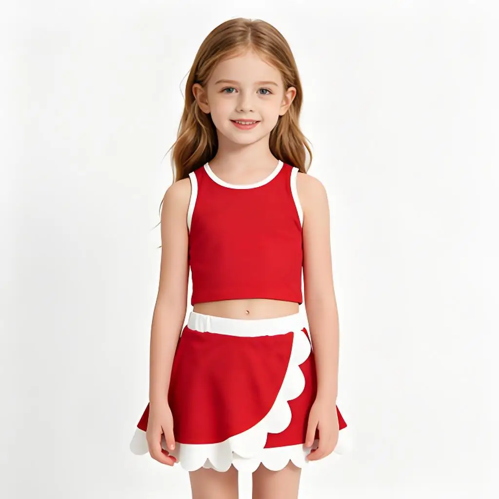 Sleeveless red white scallop girls team active wear set