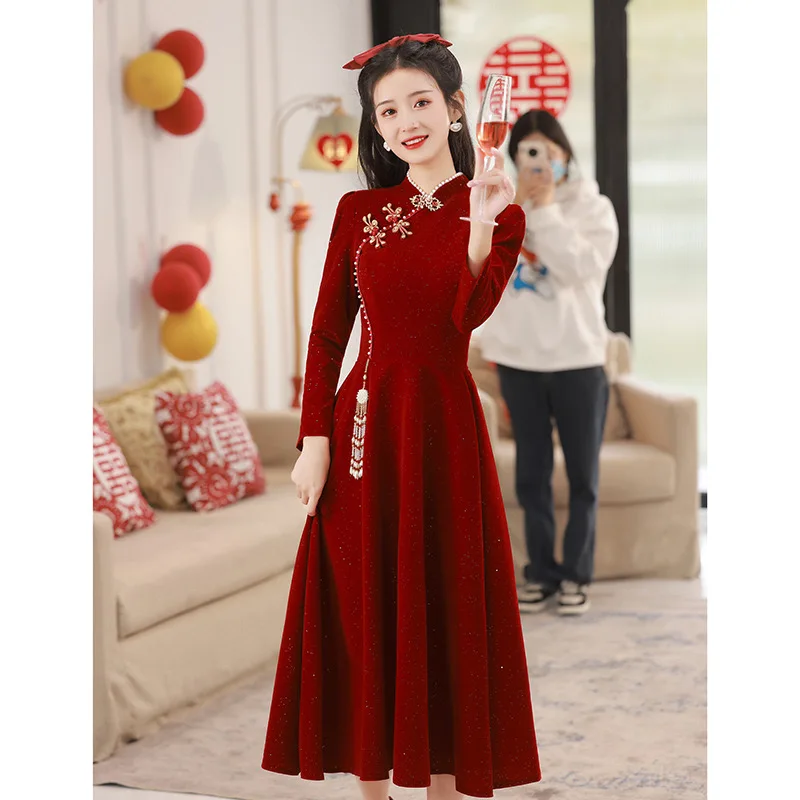 Toast cheongsam bride wedding wine red engagement evening dress female