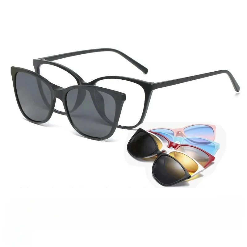 Lunettes de soleil œil de chat pour femmes, myopie, polarisées 6 en 1, Clip magnétique sur lunettes, montures de lunettes de Prescription optique-0.5 ~-6.0