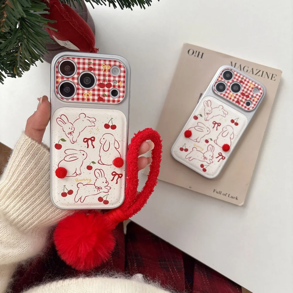 

Cute fashion lines bunny cherry phone case for iPhone 16 17 Pro Max 14 15Pro protective case creative shockproof protective case