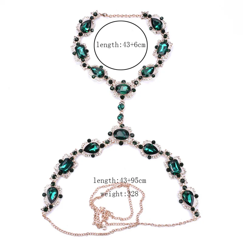 Costume Jewellery Accessory Collar Emerald Crystal Rhinestone Statement Bra Harness Necklace Waist Body Chain Jewelry for Women