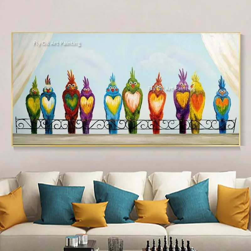 Funny Birds Modern Wall Art With Funny Colorful Parrots Nursery Art Decor Hand Painted Bird Wiht Love Oil Canvas Painting Art