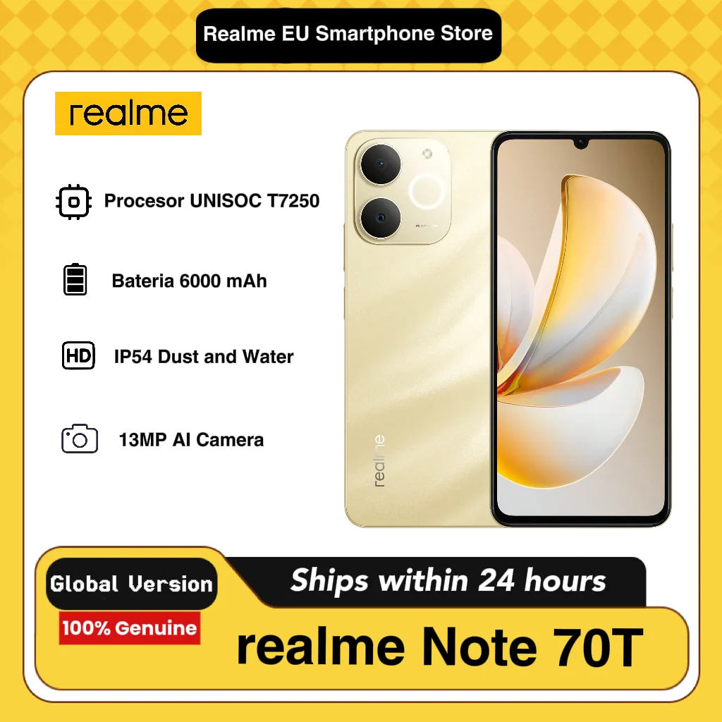 Smartphone realme Note 70T 4G 4GB+64/128/256GB, écran 6,75 pouces, écran 90Hz, batterie 6000mAh, appareil photo 32MP, processeur octa-core puissant